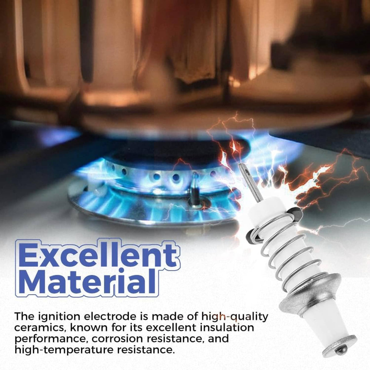 Gas range ignition electrode sparking at burner, white ceramic insulator and coiled spring