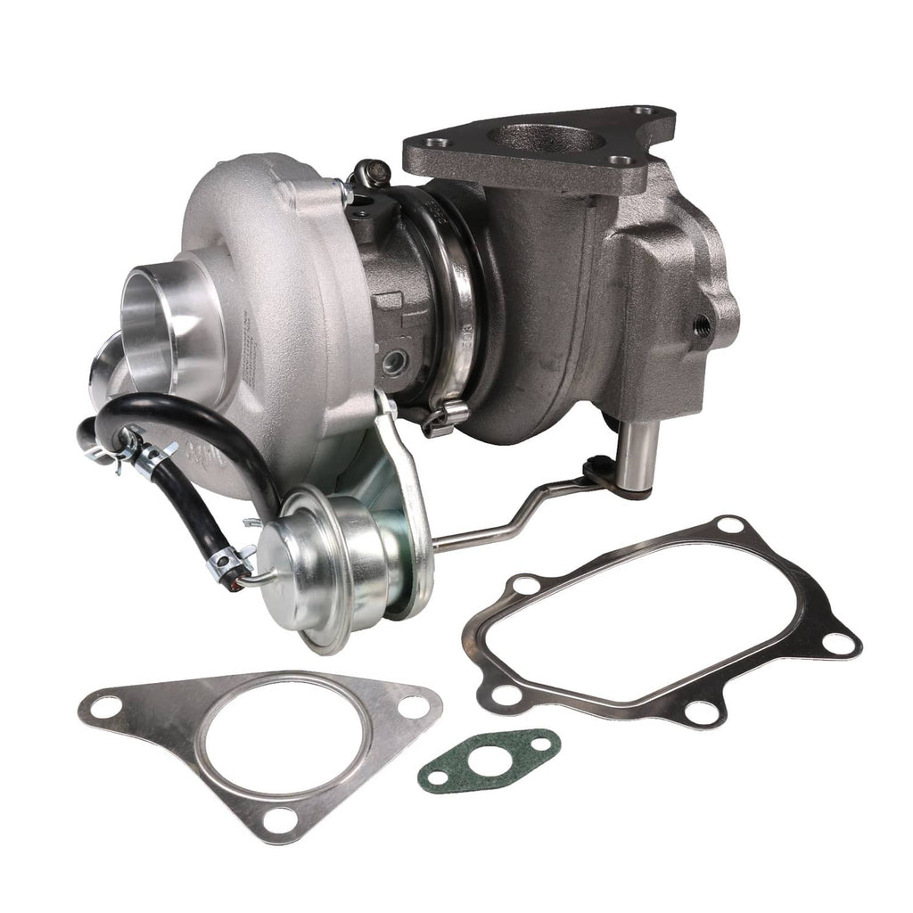 Turbocharger assembly with outlet tube and gasket set, front three-quarter view