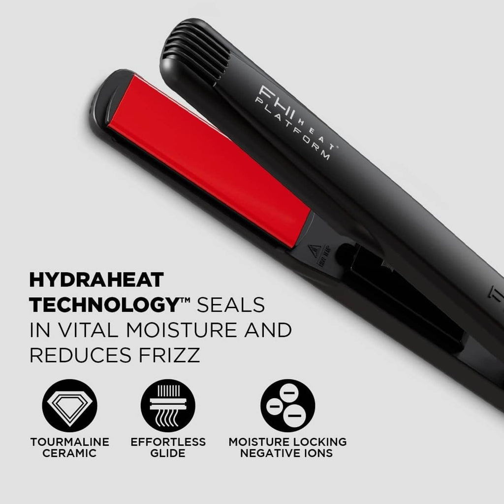 Black hair straightener with red plates and control panel, with Hydraheat-style vented top