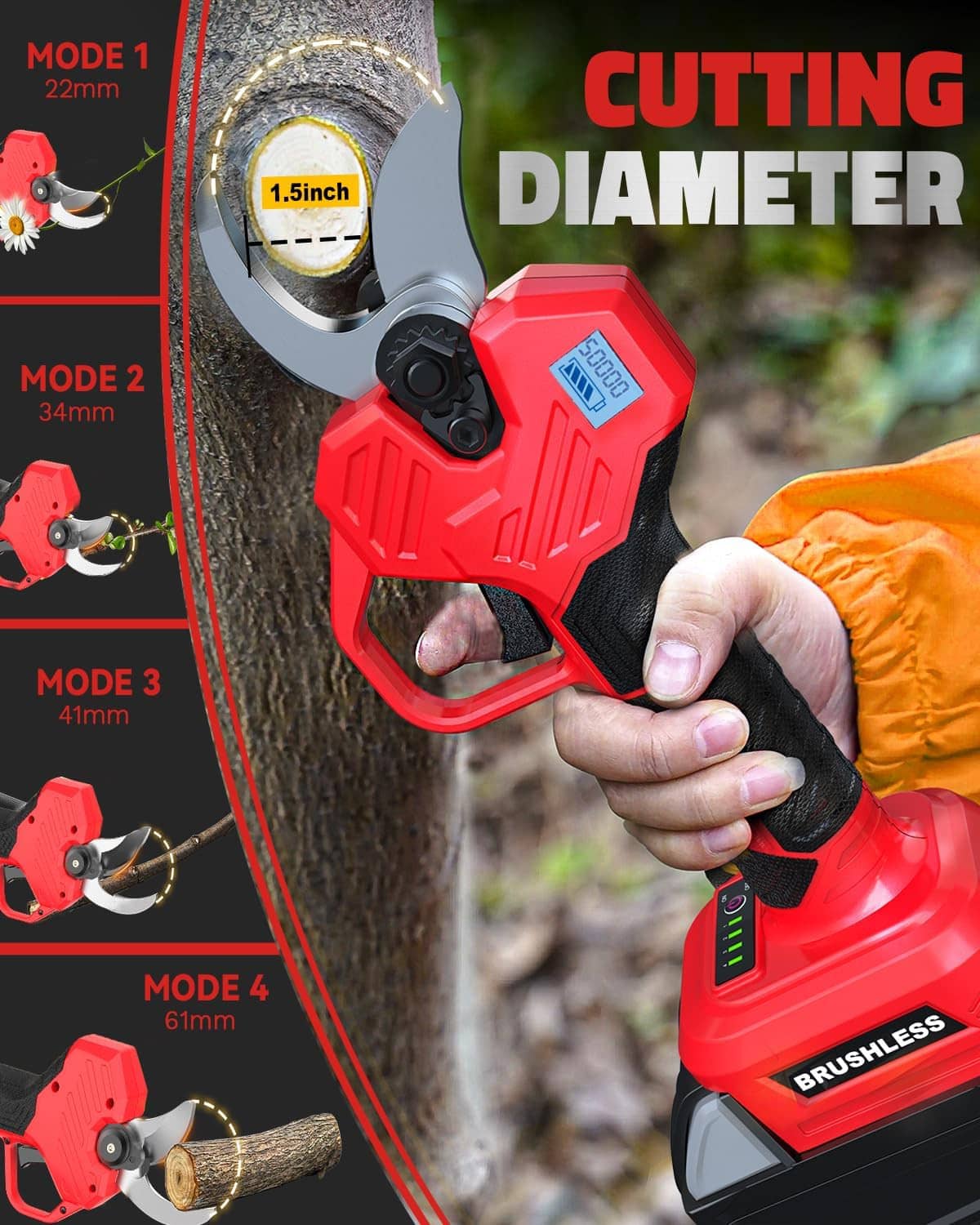 Cordless pruning shears with blade cutting modes for different branch diameters