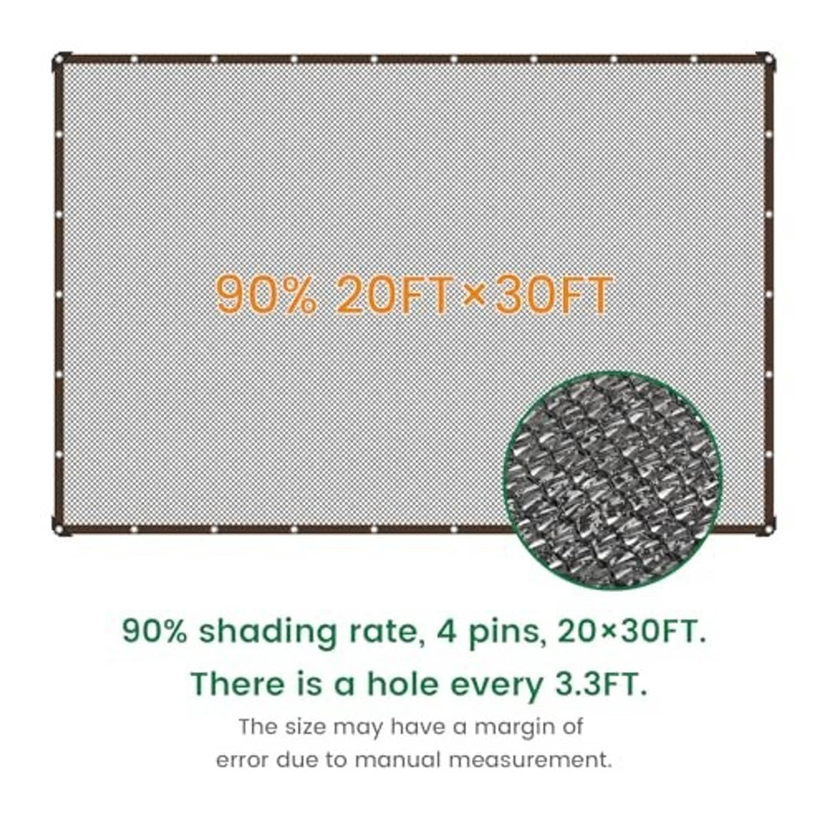Outdoor shade cloth panel, dark woven fabric with brown border and corner grommets