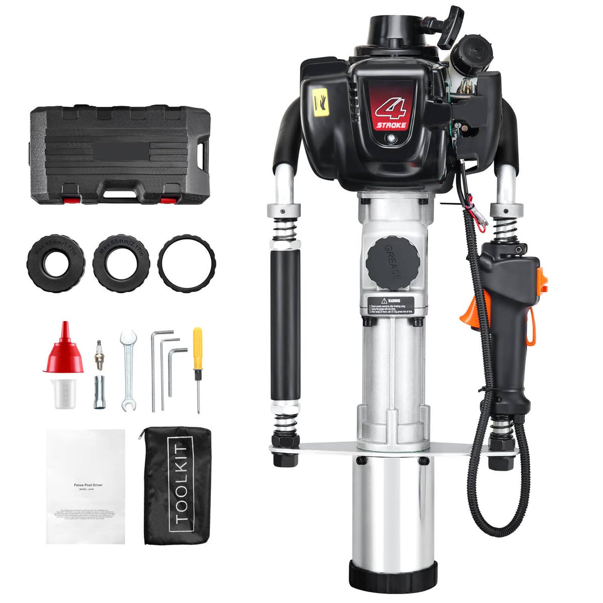 Gas-powered T post driver kit with cylinder, handle, tools, and carrying case
