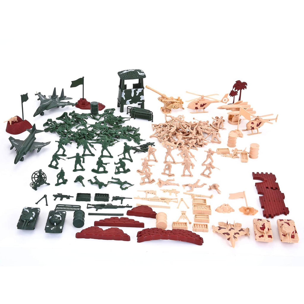 Bulk army playset pieces: green vehicles, tan soldiers, red barriers, and accessories