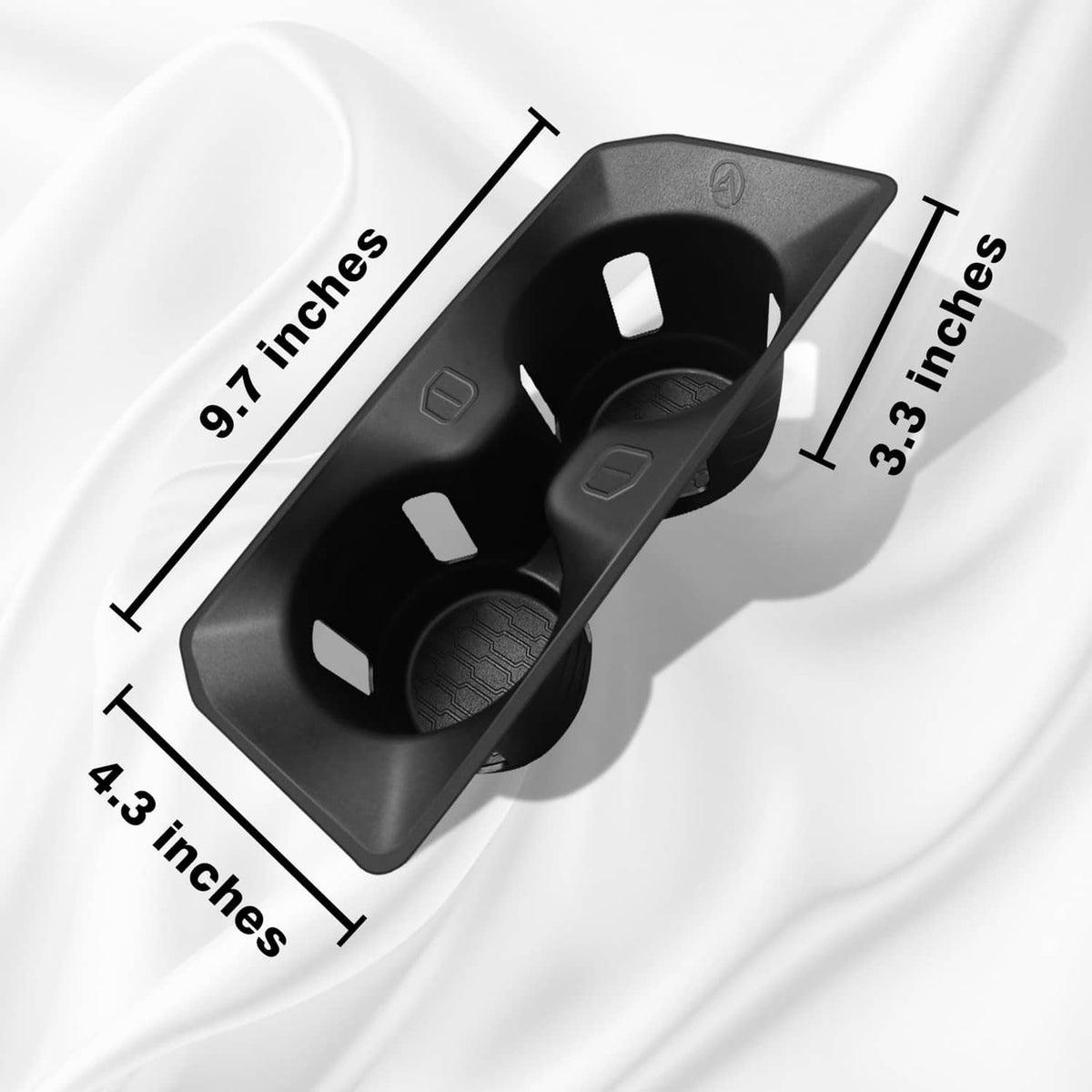 Black cup holder tray insert with two molded cup wells and non-slip pads