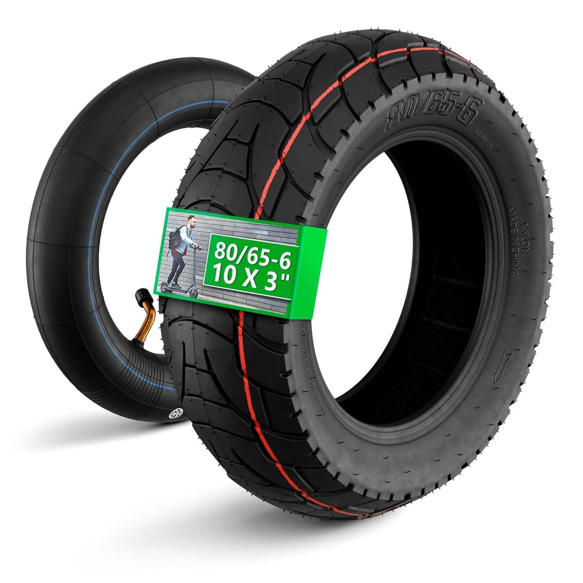 10x3" scooter tire with inner tube, black tread and red sidewall accents