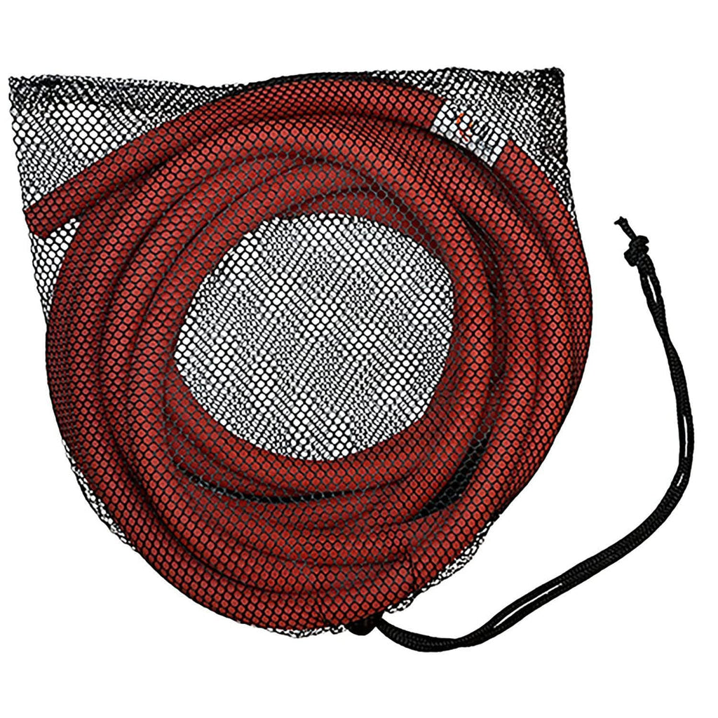 Red mesh storage pouch with drawstring holding coiled resistance bands