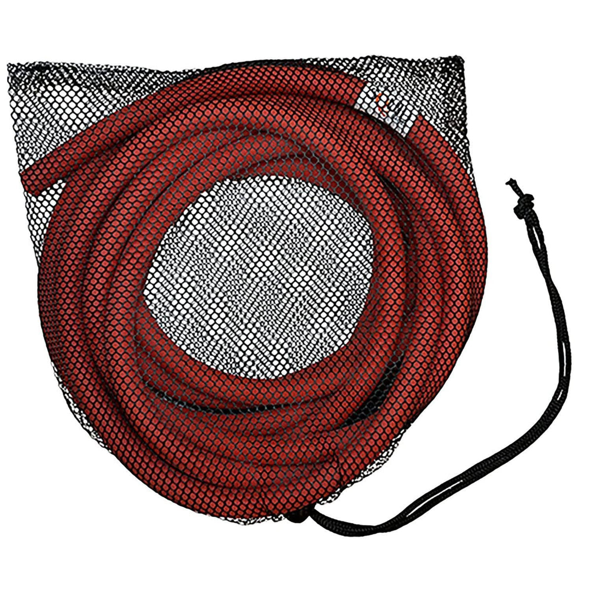 Red mesh storage pouch with drawstring holding coiled resistance bands