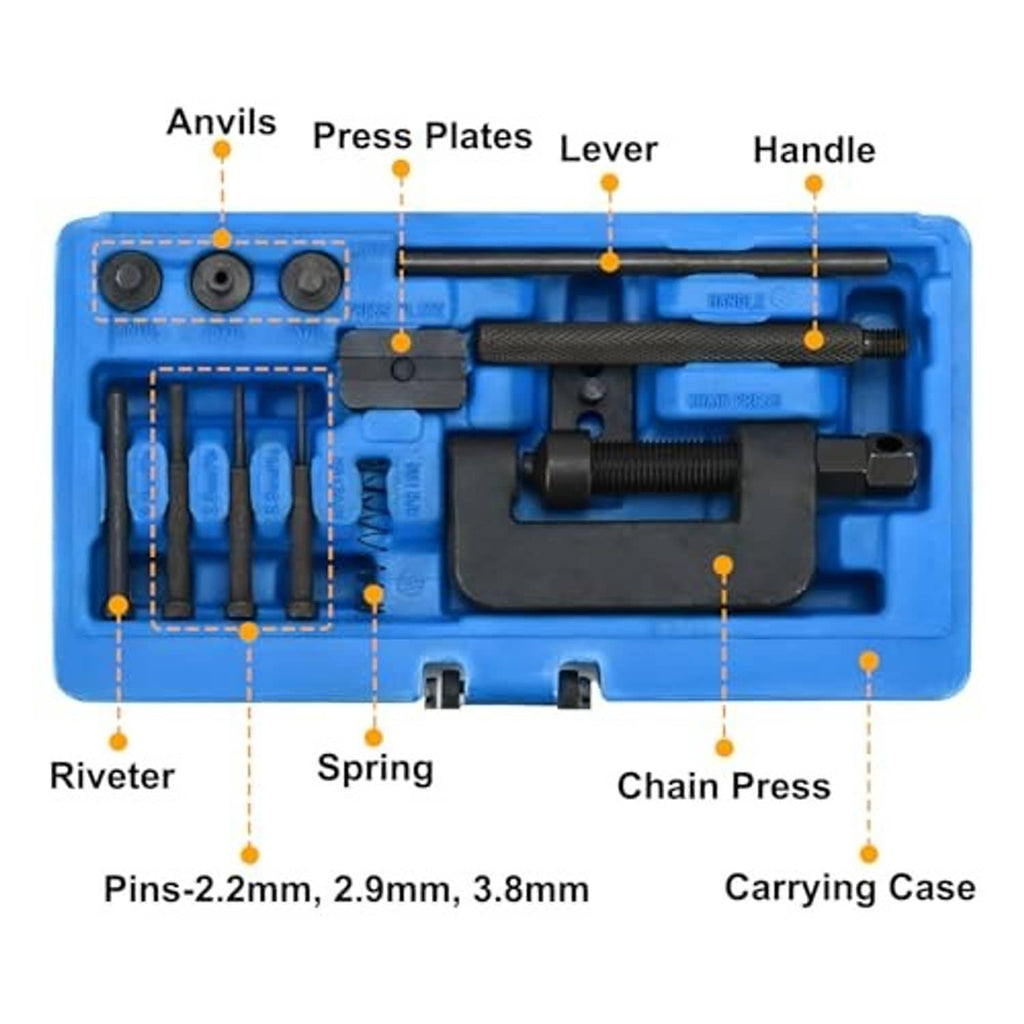Motorcycle chain breaker press kit in blue case with anvils, press plates, lever, pins