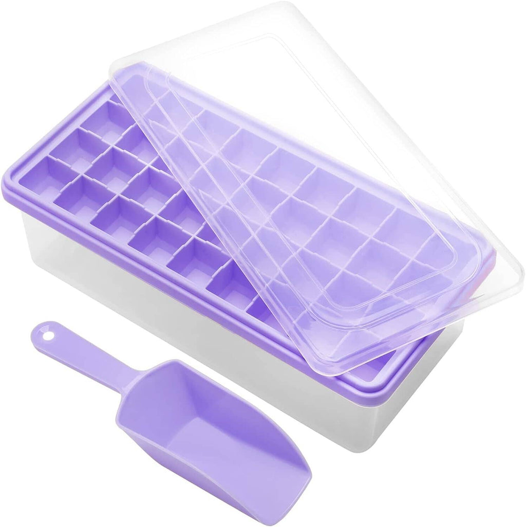 Purple silicone ice cube tray with clear lid and rectangular storage bin
