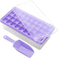 Purple silicone ice cube tray with clear lid and rectangular storage bin