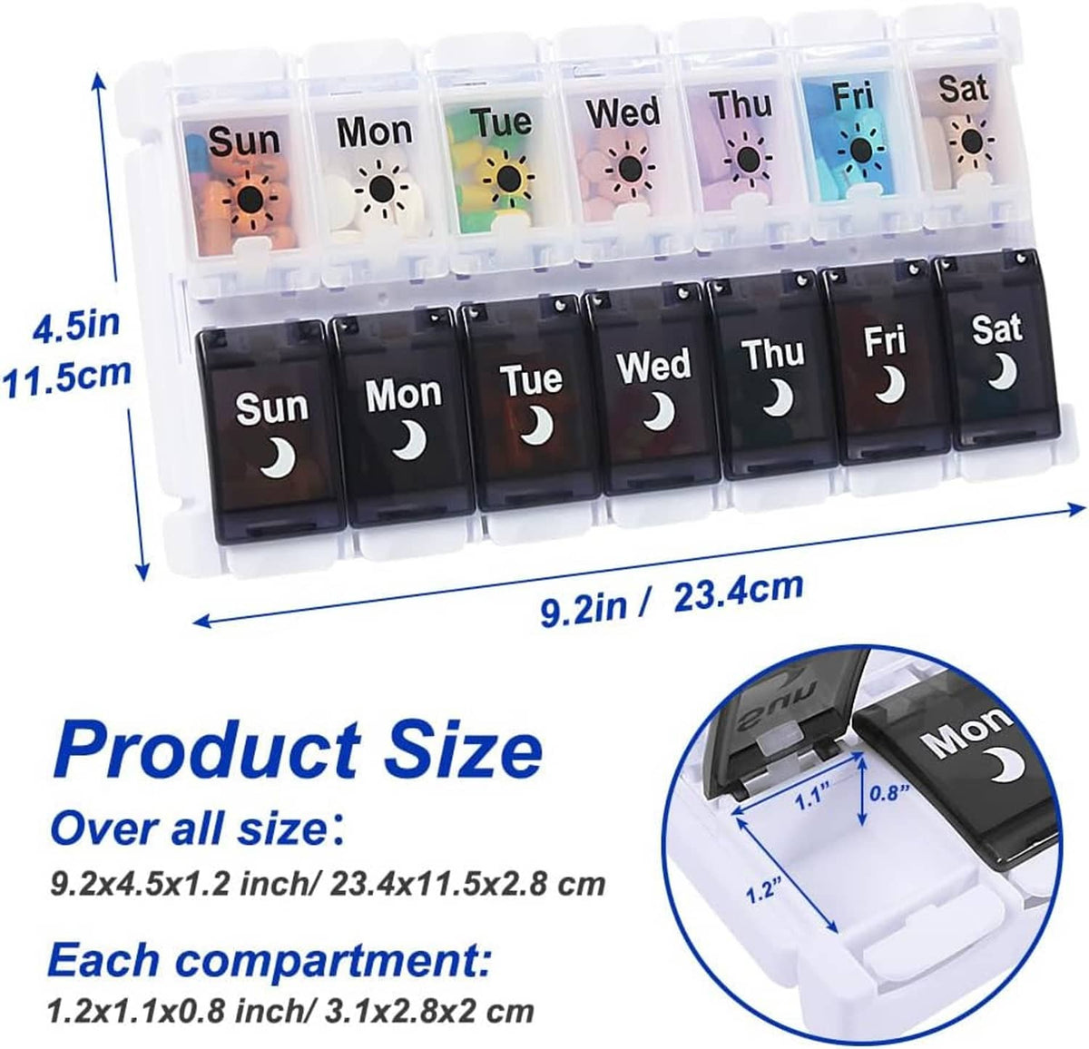 Weekly pill organizer shown with size diagram and compartment dimensions on clear-and-black case
