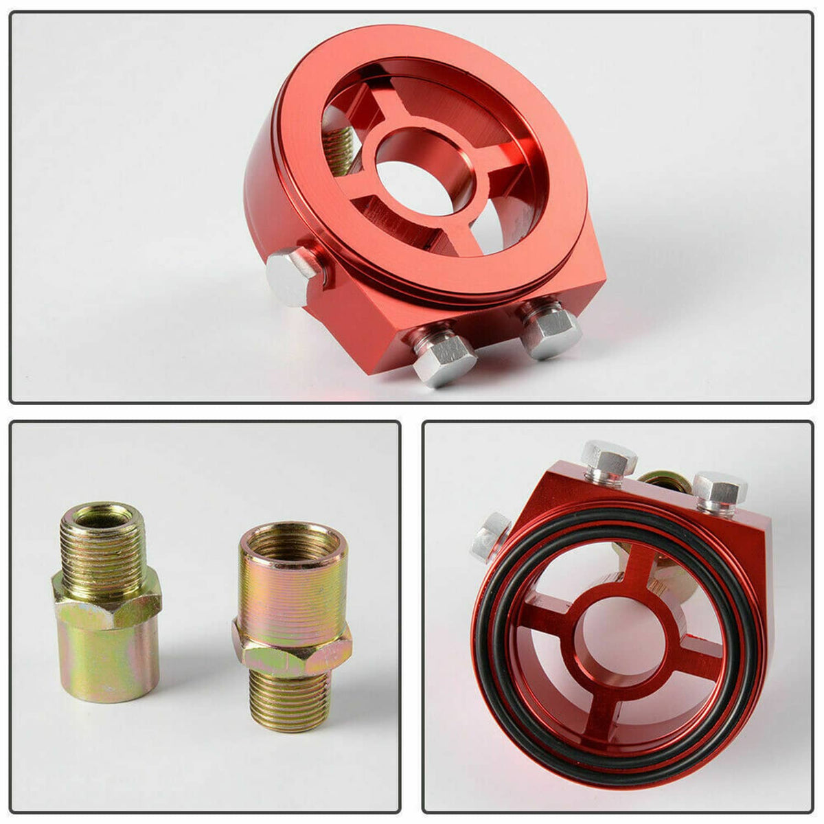Red oil filter adapter plate with included fittings, shown in multiple angles