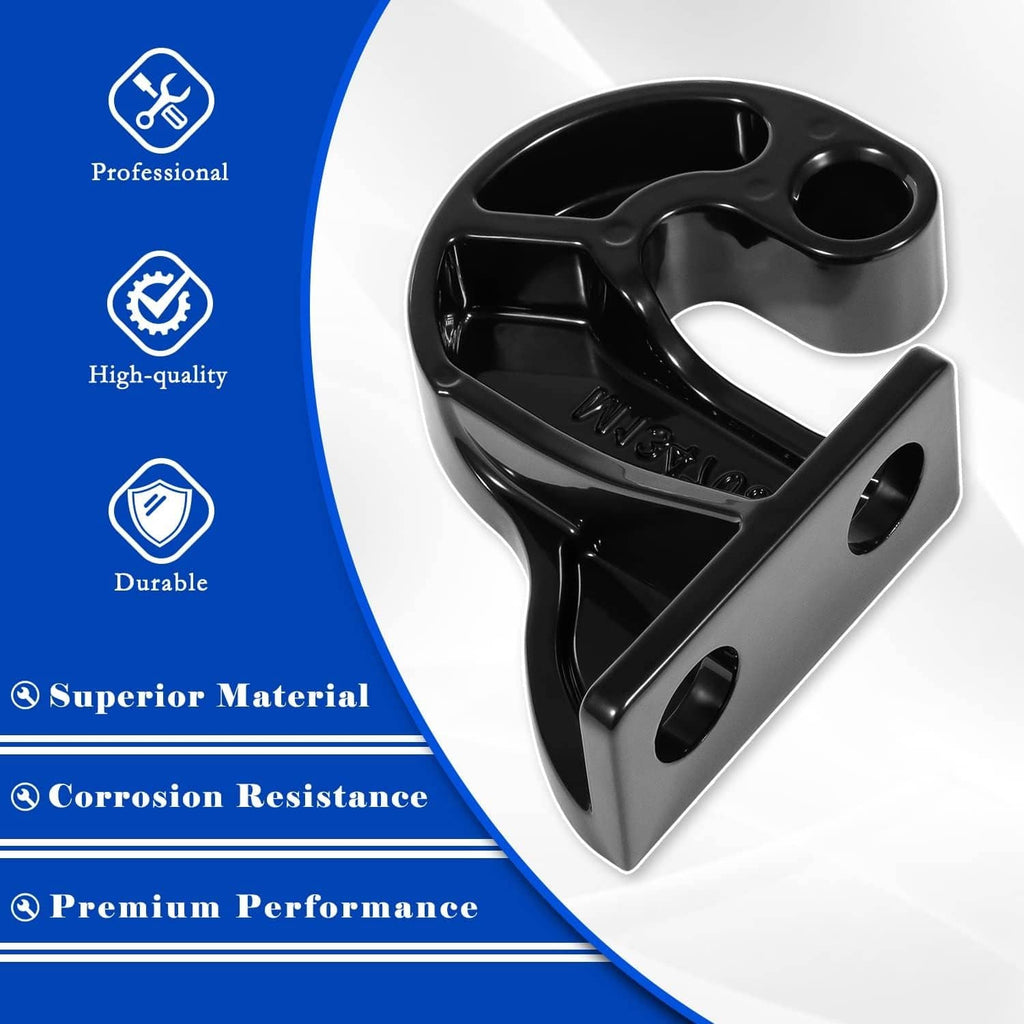 Black left hood pivot bracket with three mounting holes and curved pivot design