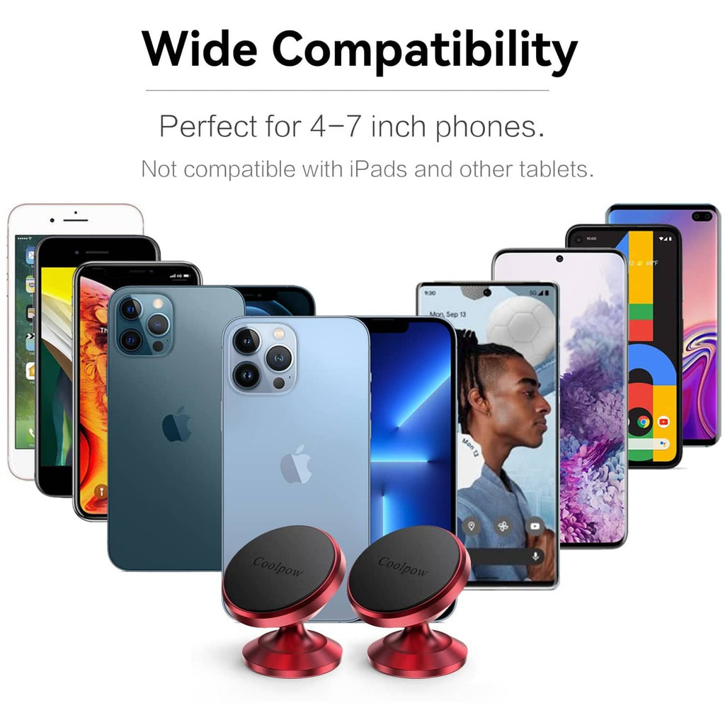 Red magnetic phone holders with black tops positioned with multiple smartphones