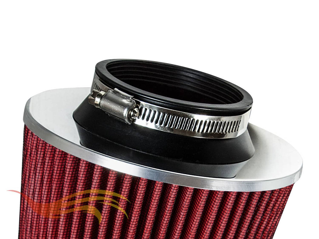 Top view of red pleated cone air filter with black rim and mounting clamp