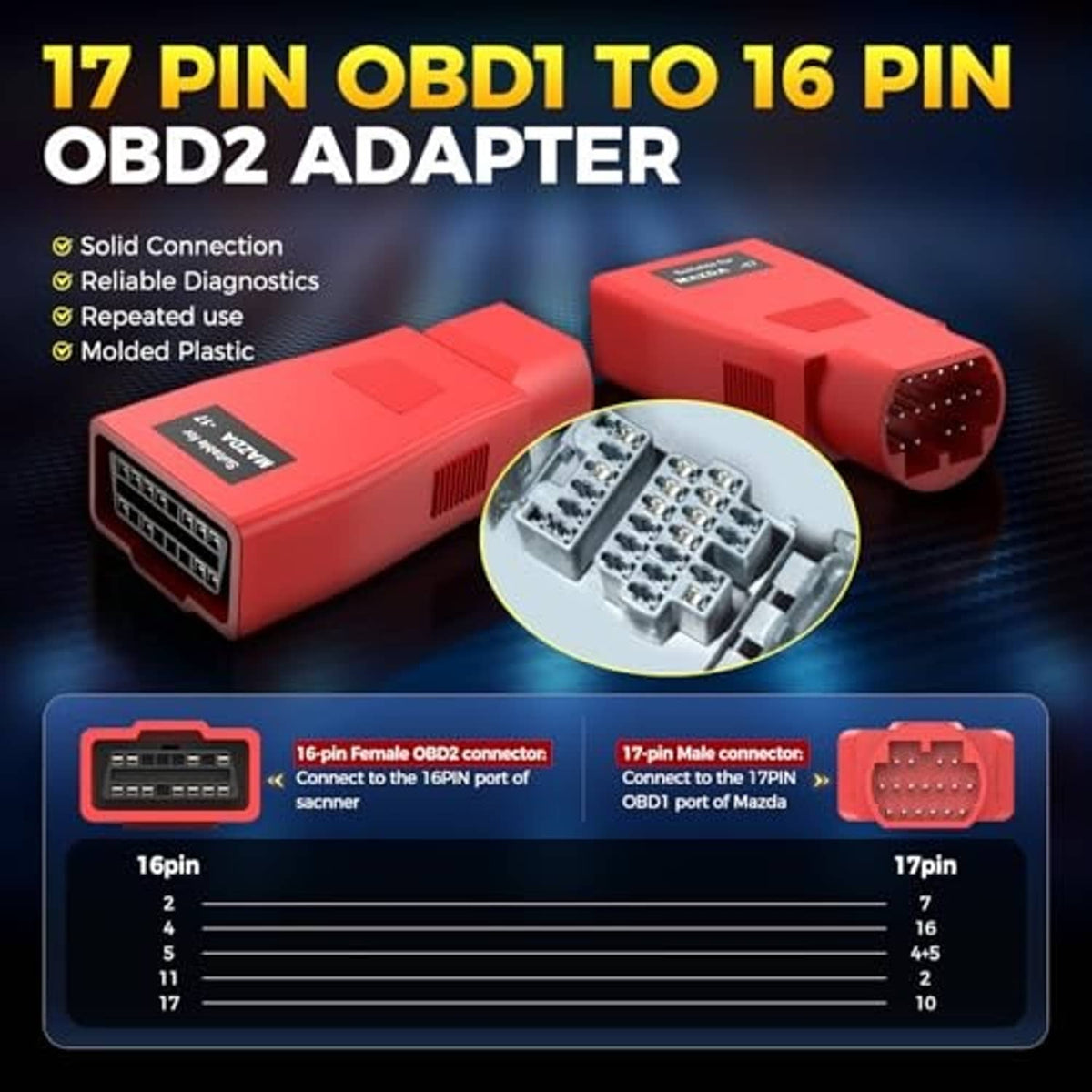 Red 17-pin OBD1 to 16-pin OBD2 adapter with both connector ends