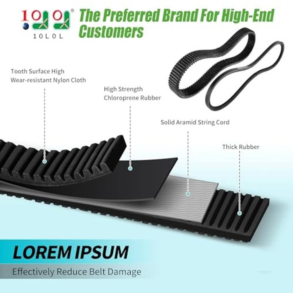 Black toothed ribbed belt shown with cross-section and durability feature labels