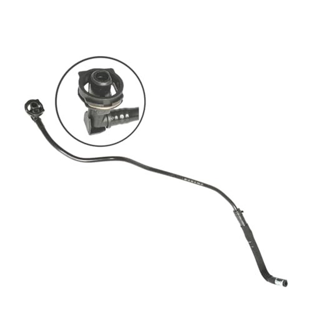 Coolant overflow hose with valve-style housing and black rubber tubing