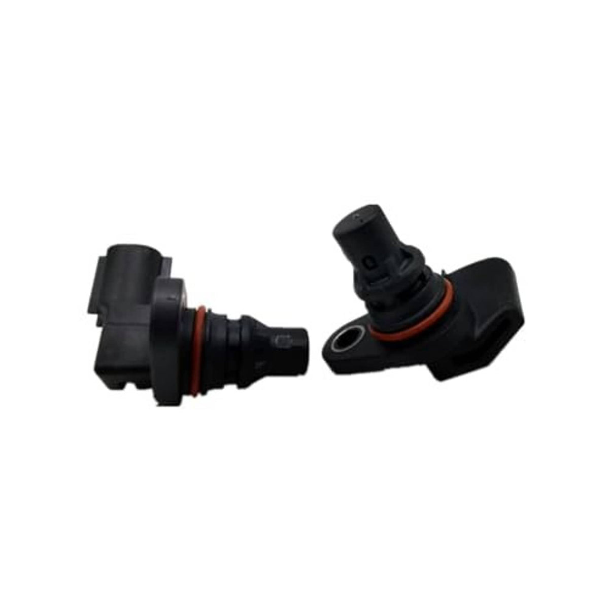 Two camshaft position sensors with black housings and orange seal rings, rear view