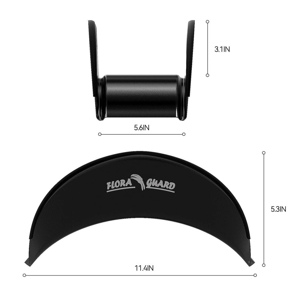 Black wall-mount hose hanger cradle with side supports and size indicators