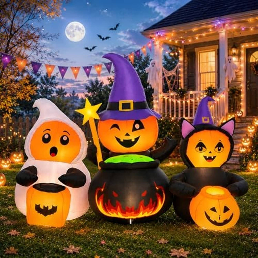 Glowing Halloween inflatable cauldron and witch cat with jack-o-lantern pumpkins