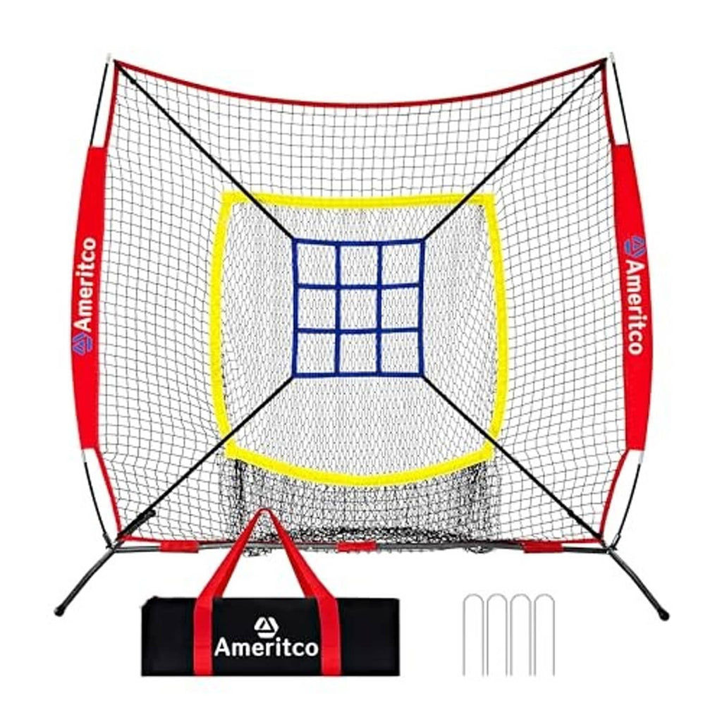 Baseball training net with red frame, blue strike-zone grid, and side support legs