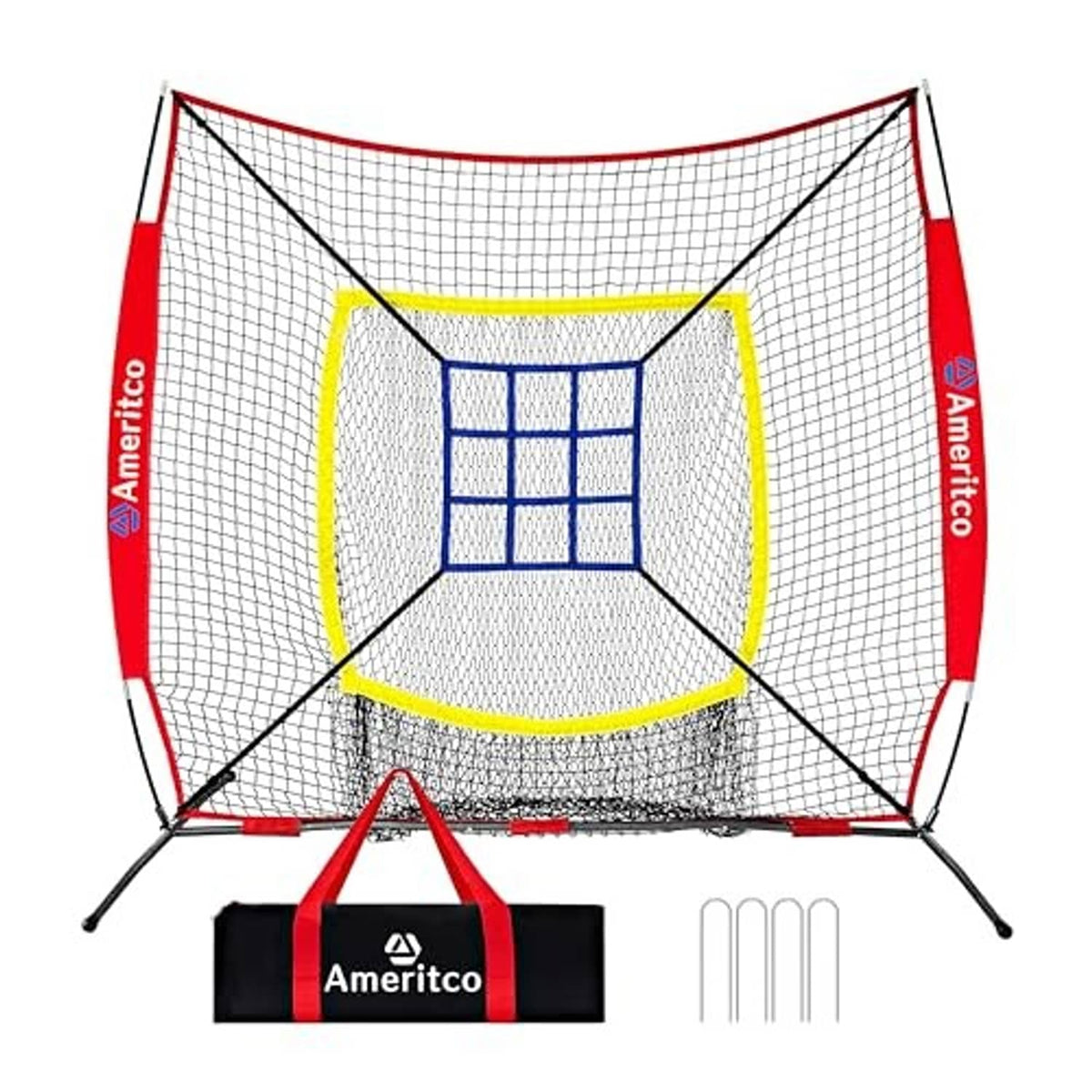 Baseball training net with red frame, blue strike-zone grid, and side support legs