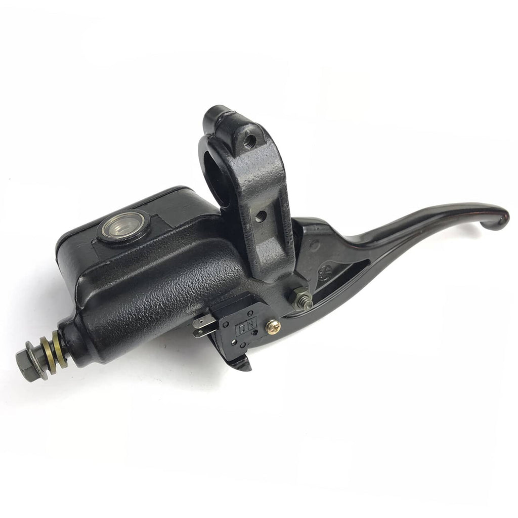 Right brake master cylinder lever rear view with reservoir housing, bracket, and lever