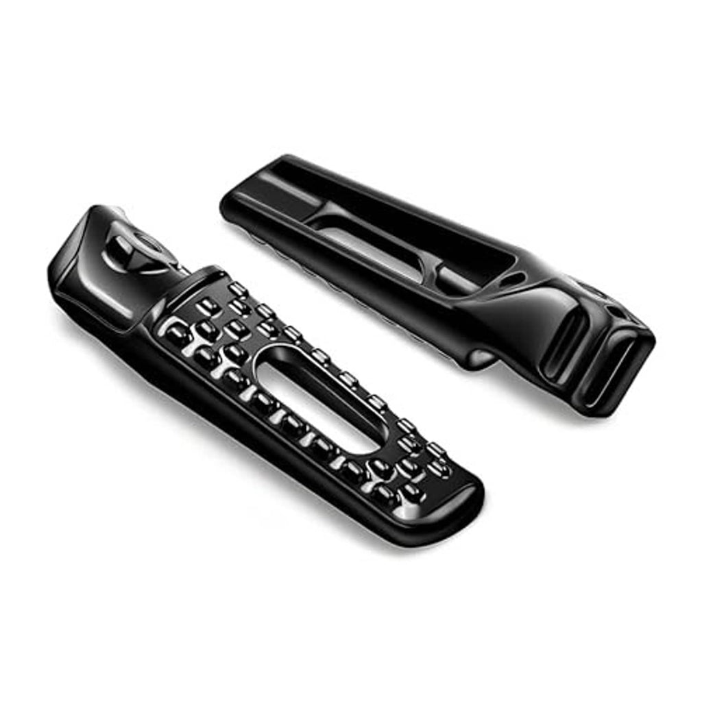 Pair of black motorcycle foot pegs with textured tread and open mounting slot