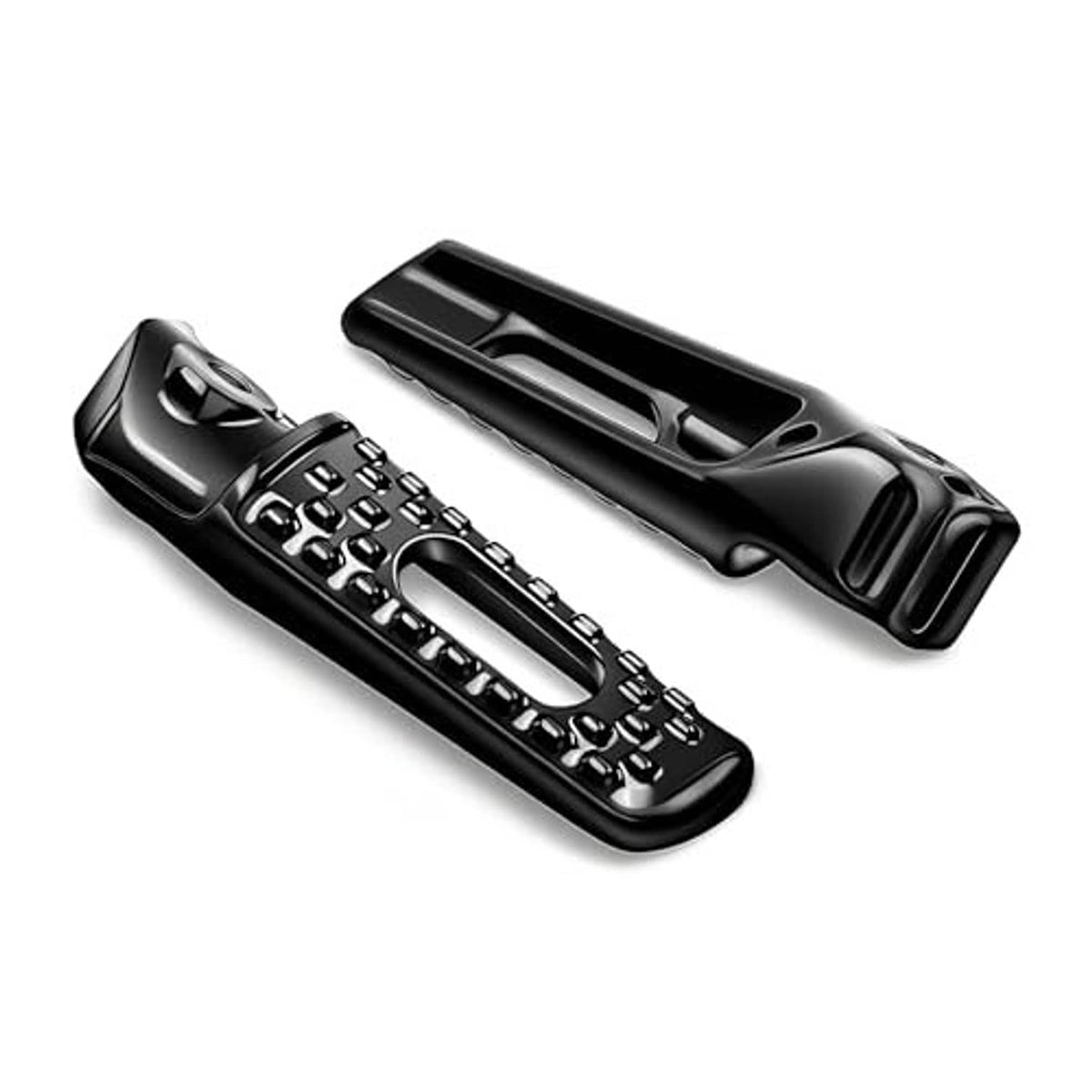 Pair of black motorcycle foot pegs with textured tread and open mounting slot