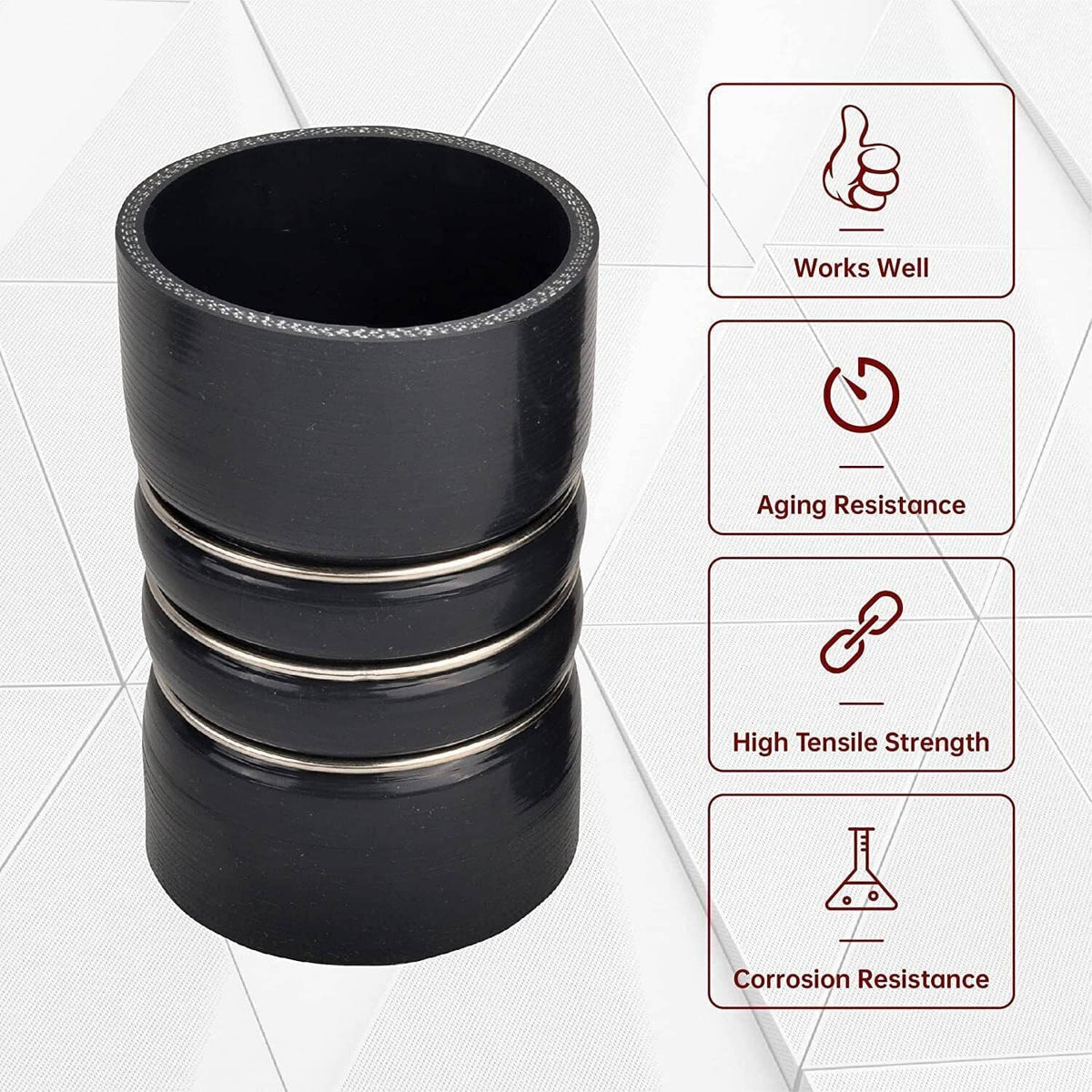 Black rubber hose couplers with layered bands and stainless steel clamp rings