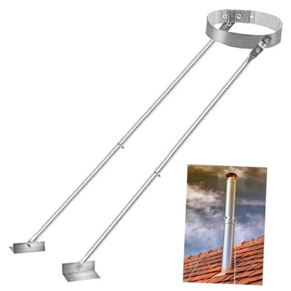 Adjustable stainless steel stove pipe roof support bracket kit with two extension rods