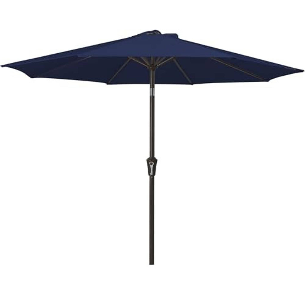 Navy patio umbrella open canopy with push-tilt mechanism, straight center pole
