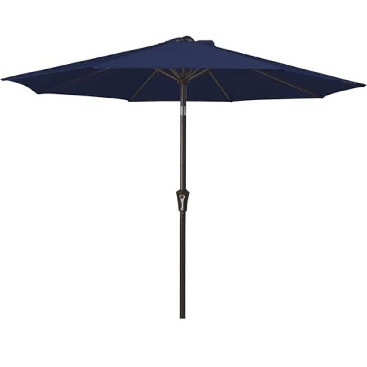 Navy patio umbrella open canopy with push-tilt mechanism, straight center pole