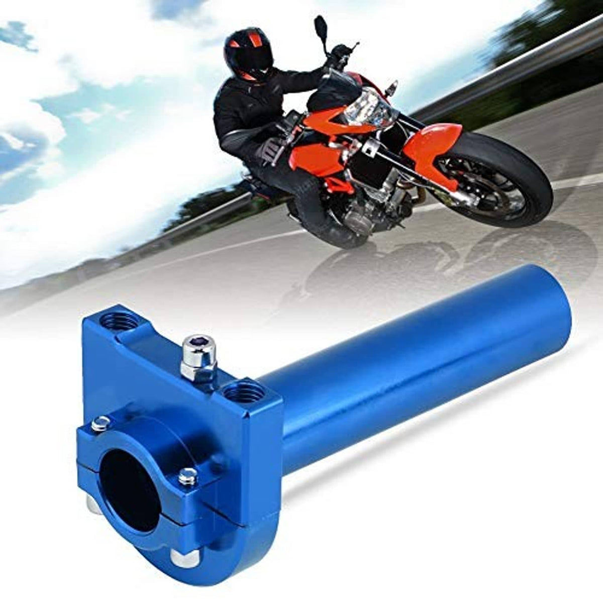 Blue CNC-style throttle tube with mounting bracket and two top bolts
