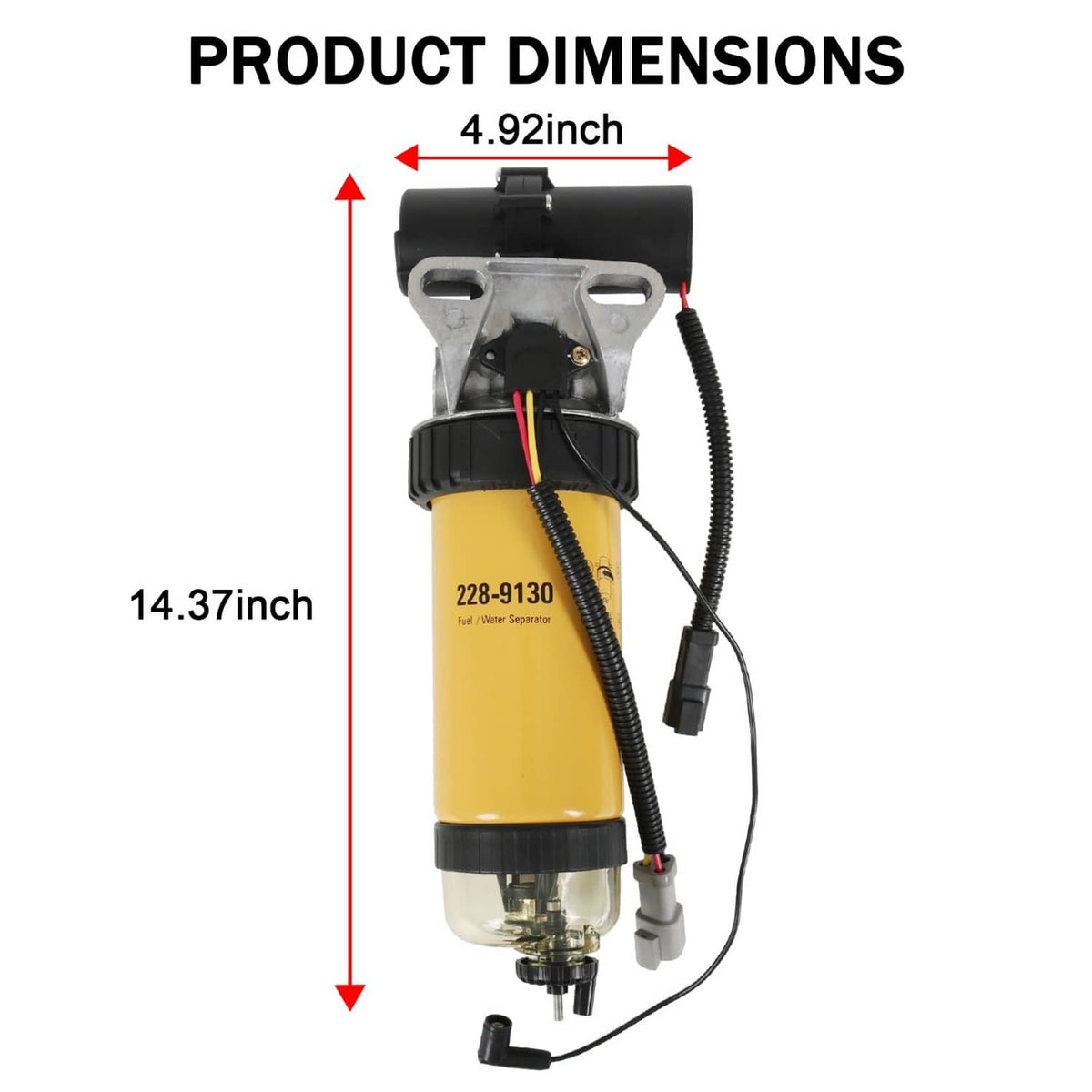 Fuel pump and filter assembly with yellow canister and metal bracket, showing wiring connectors