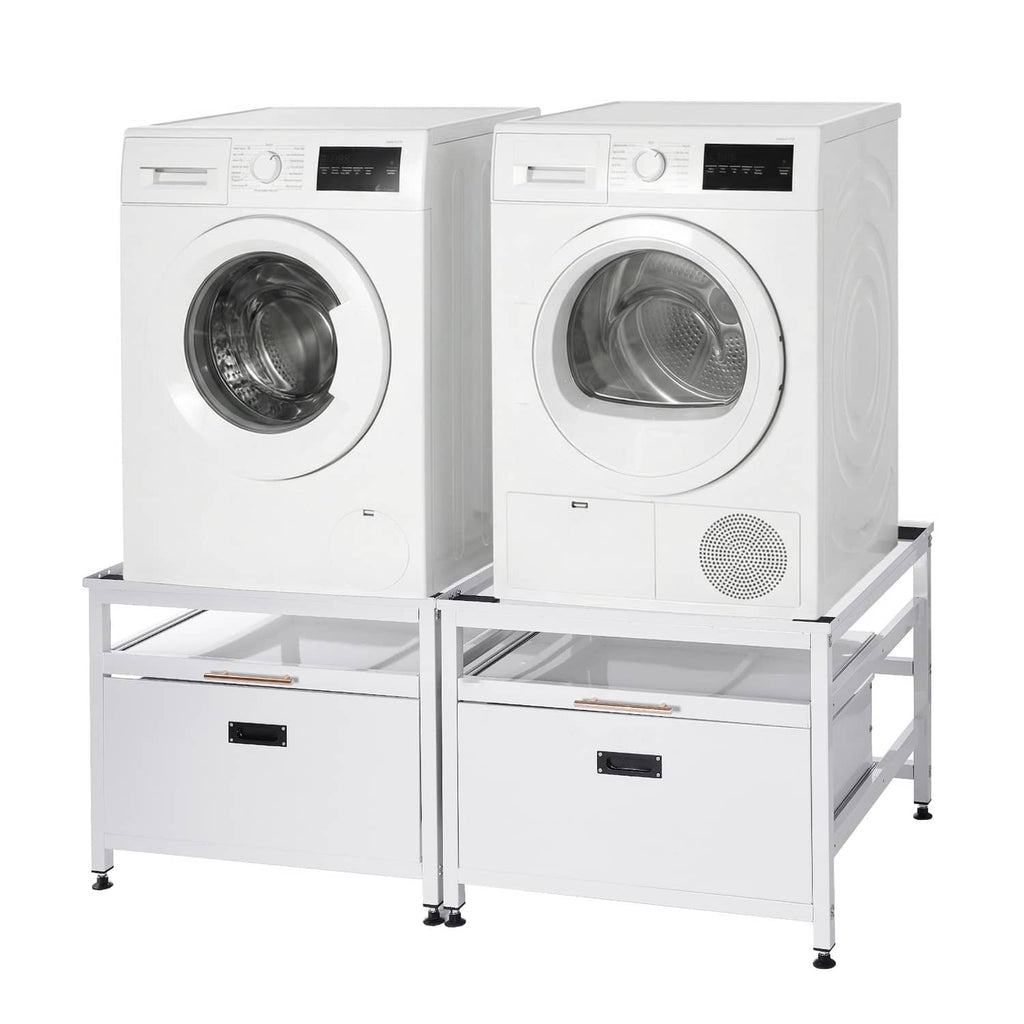 White double washer setup on a laundry base pedestal with drawers and top tray