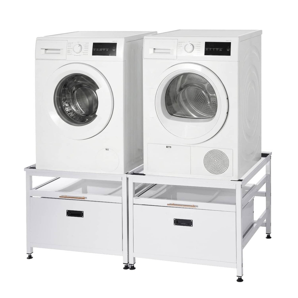 White double washer setup on a laundry base pedestal with drawers and top tray