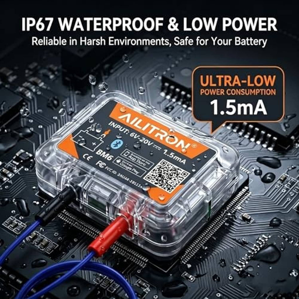 Bluetooth 12V battery monitor in clear waterproof-style case with red and blue leads