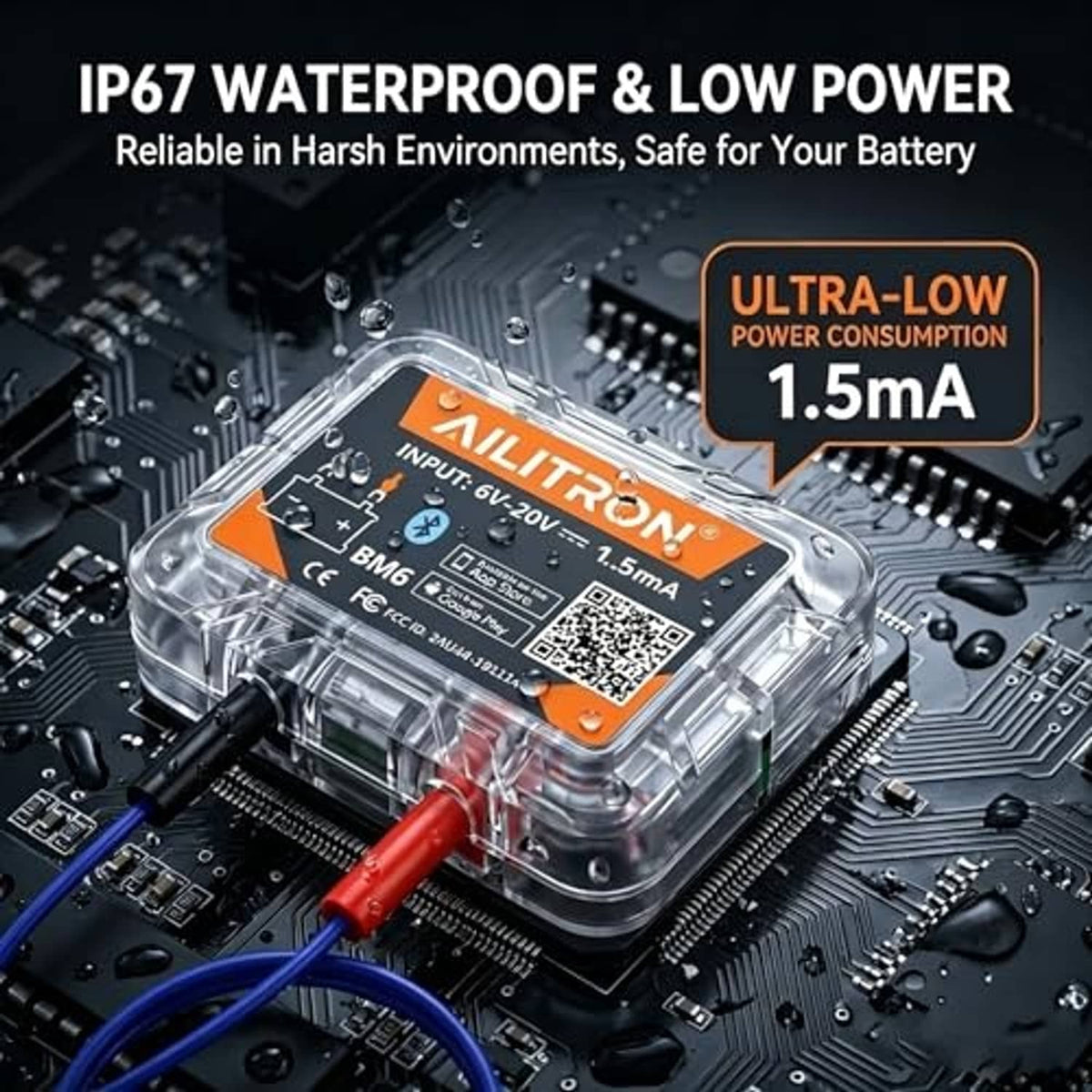 Bluetooth 12V battery monitor in clear waterproof-style case with red and blue leads