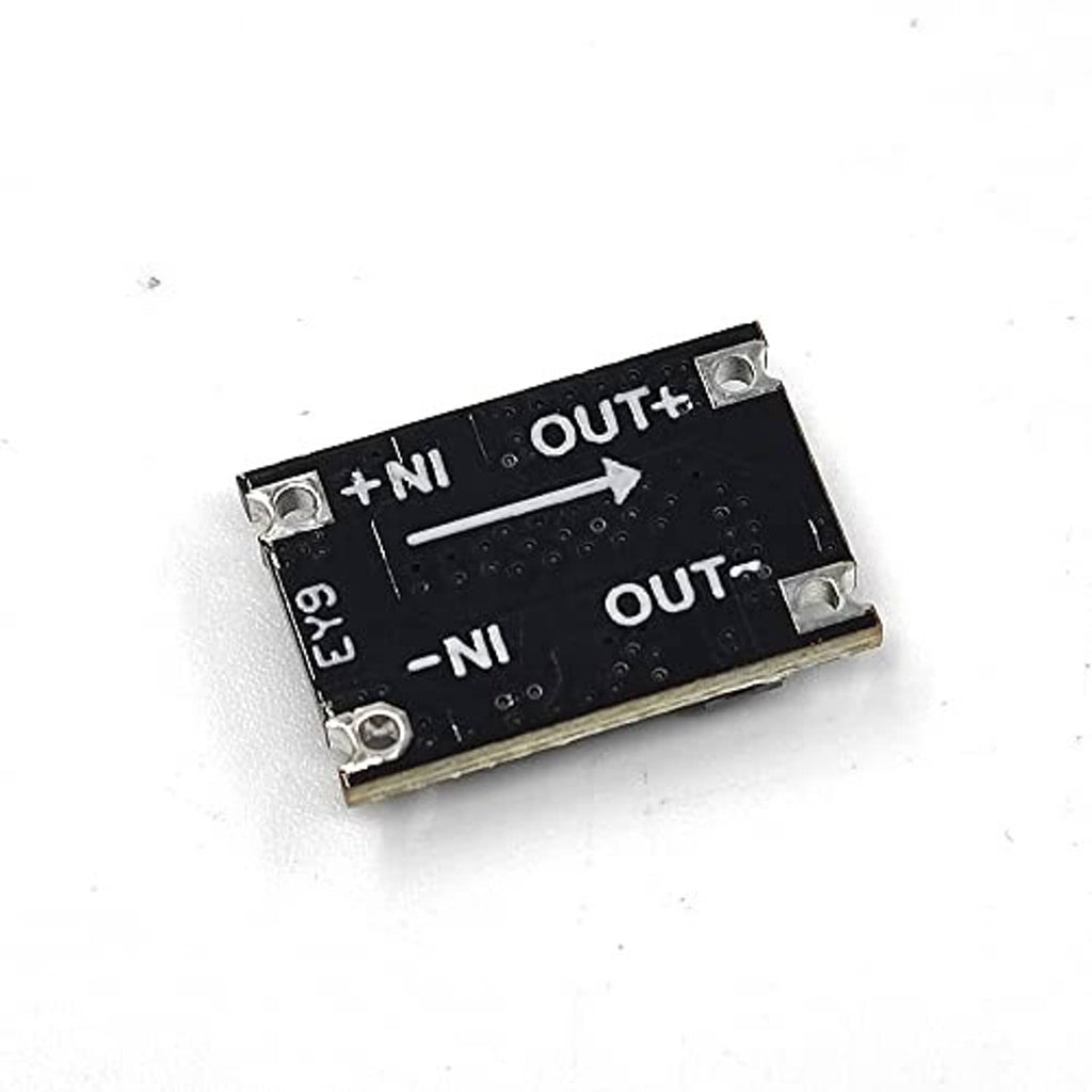 Buck converter module PCB with OUT+ and OUT- terminal labels and metal mounting holes