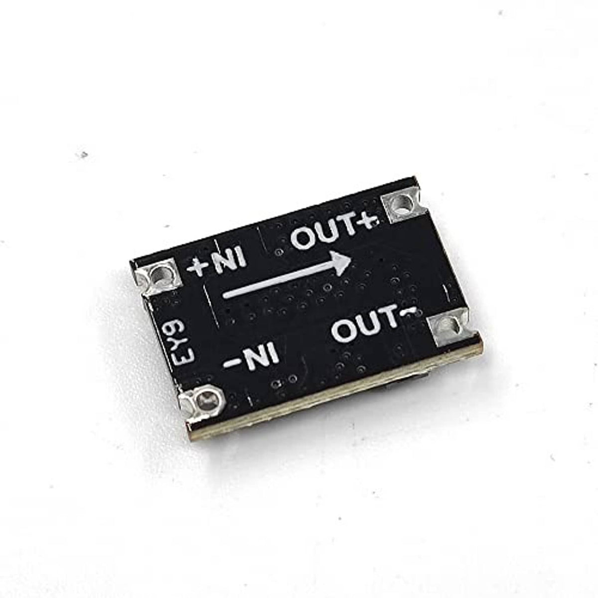 Buck converter module PCB with OUT+ and OUT- terminal labels and metal mounting holes