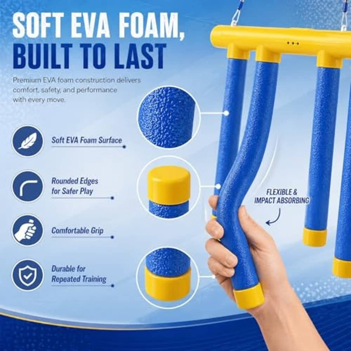 Blue foam drop sticks with yellow frame, featuring rounded ends and flexible impact pads