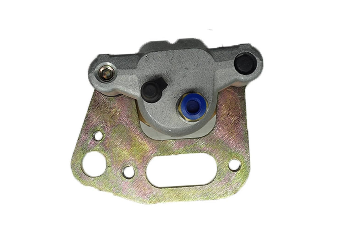 Front brake caliper with mounting bracket, blue piston seal, side angle with bolts