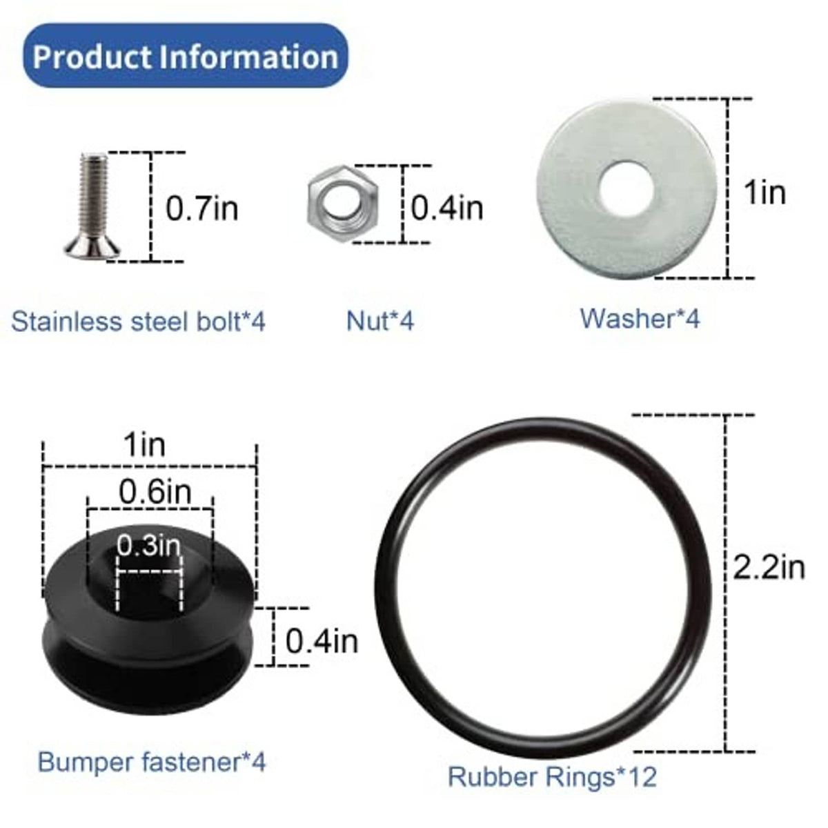 Front bumper fastener kit parts: stainless bolts, nuts, washers, and black rubber rings (12)