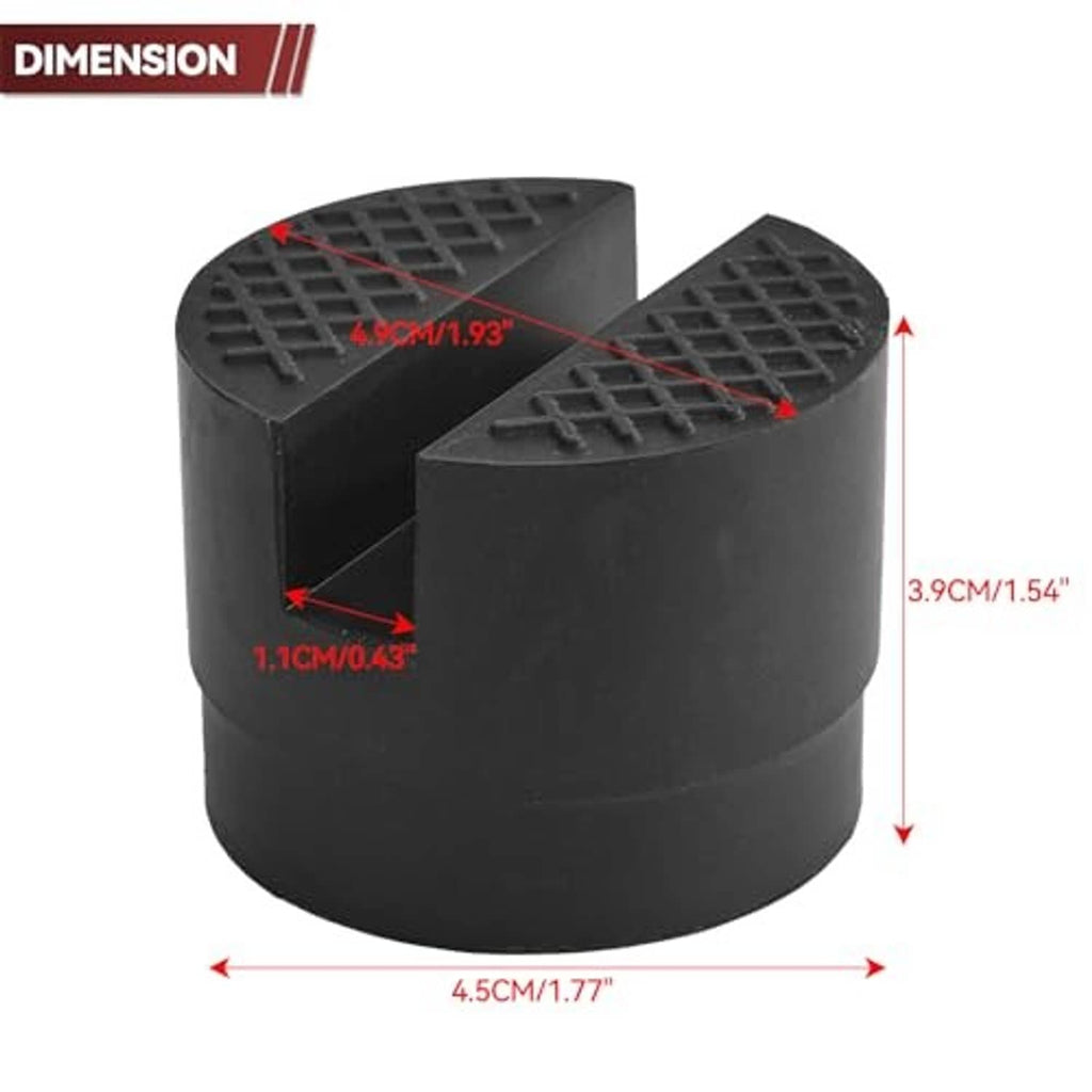 Black rubber jack pad adapter with slotted top grooves, shown with size markers.