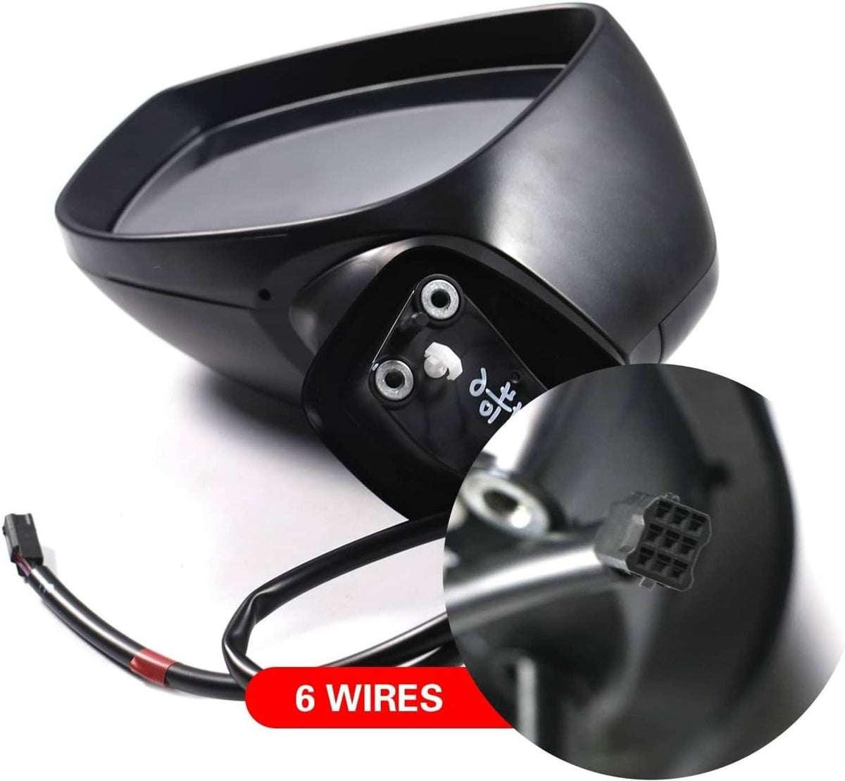 Black mirror housing with 6-wire connector and mounting pins