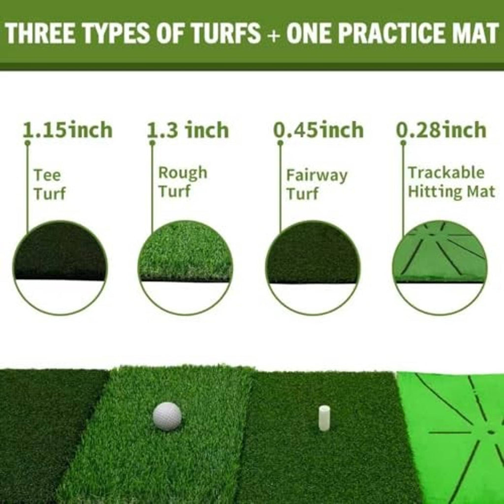 Golf practice turf mat showing multiple turf types and a trackable hitting section