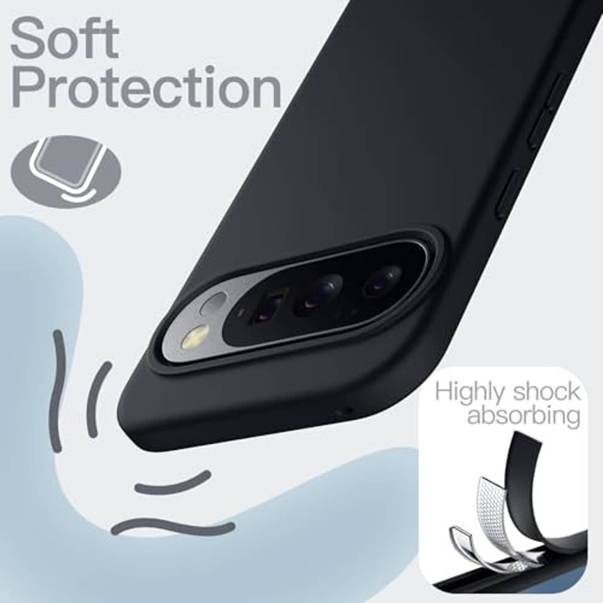 Obsidian black silicone case corner close-up with camera ring and button cutouts