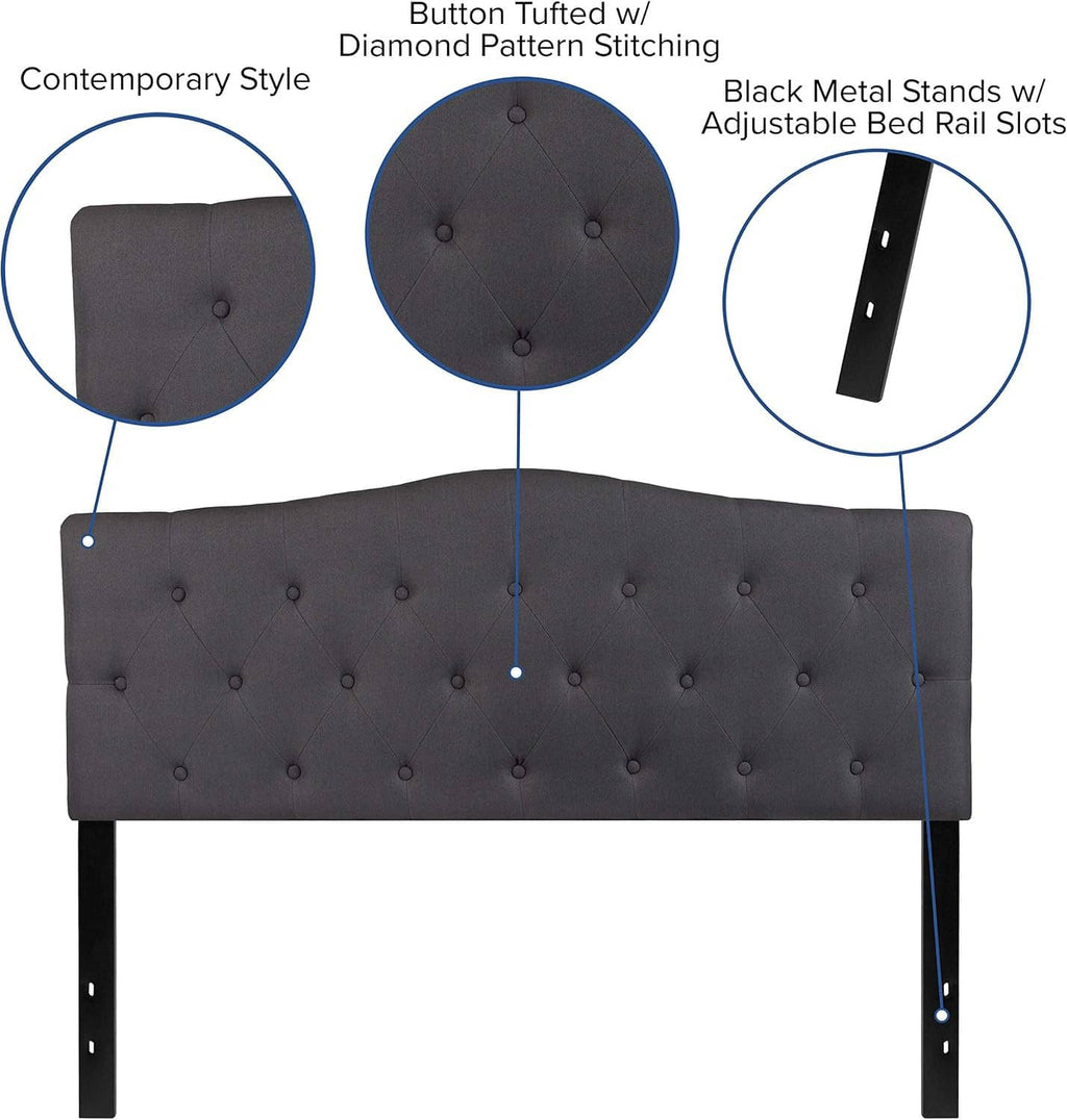 Dark gray tufted headboard with button-and-diamond stitching and black metal rails